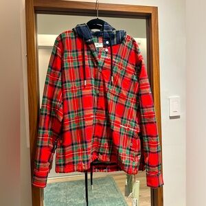 Off-White Red & Multicolor Plaid Hooded Jacket